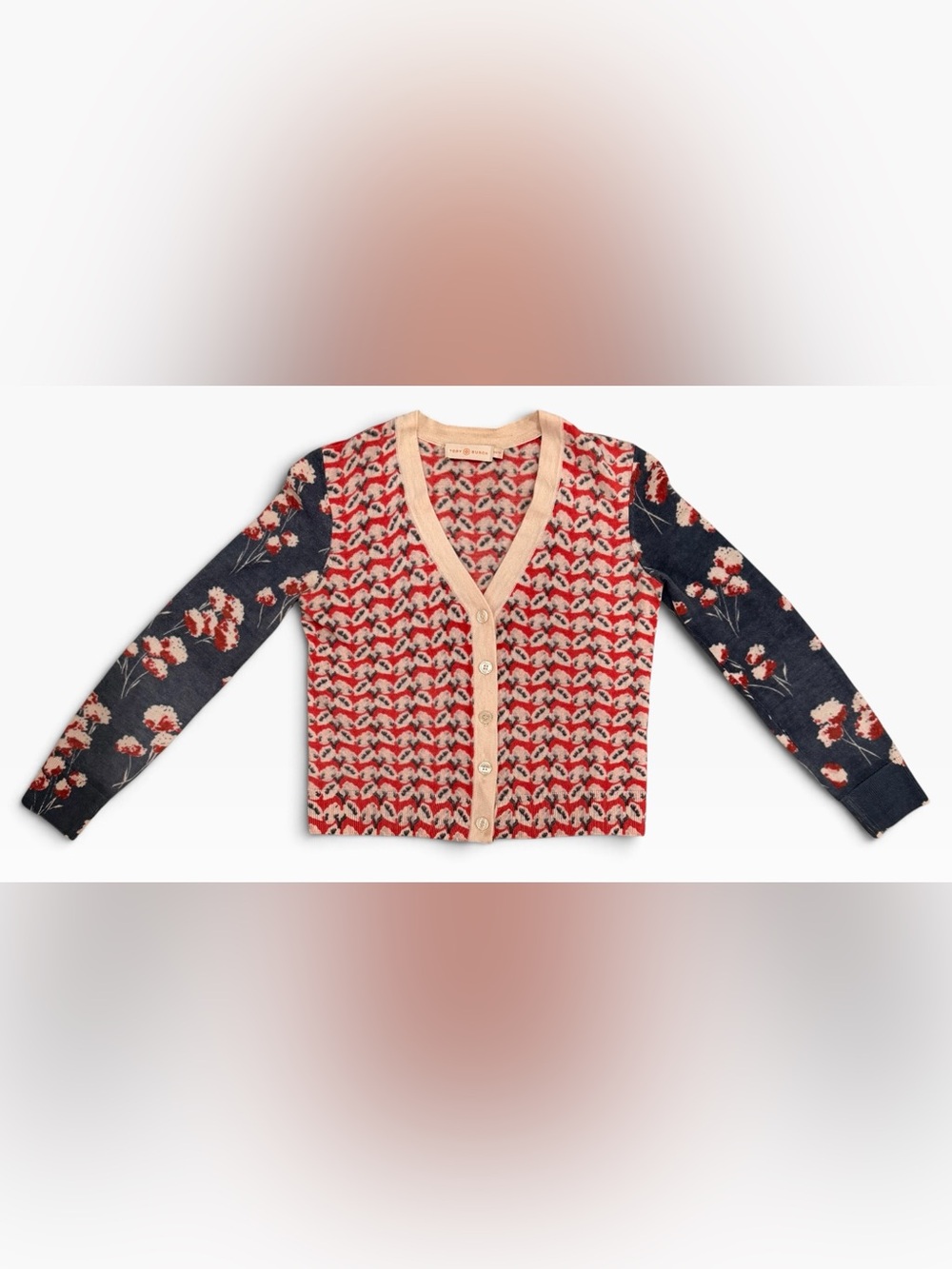 Tory Burch Peyton Mixed Floral Print Merino Wool Cardigan V-Neck Size XS